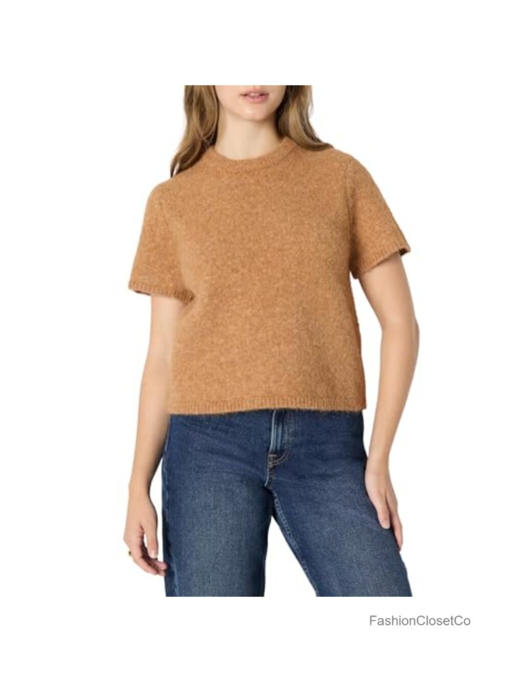 Relaxed Fit Faux Mohair Short Sleeve Sweater Top Crew Neck